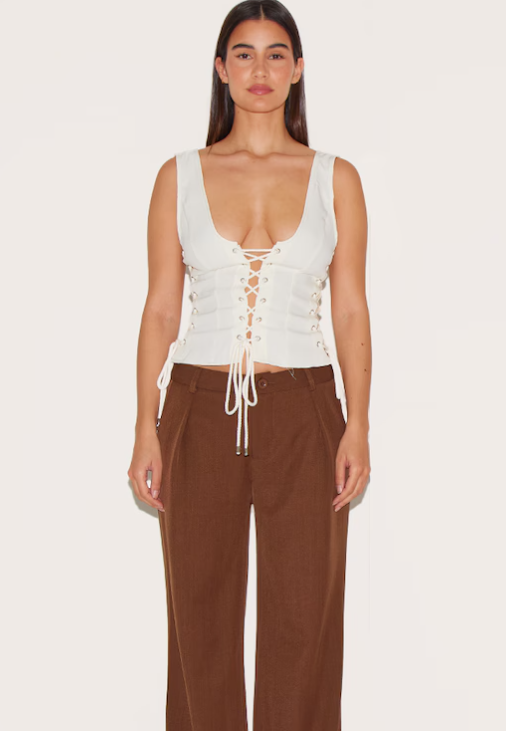 Cream Woven Lace Up Detail Plunge Sleeveless Top