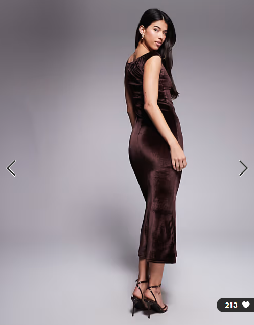 ASOS DESIGN velvet bardot midi dress with cut out and trim in mocha