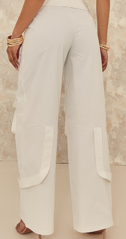 Plt - White Woven Foldover Waist Zip Front Cargos