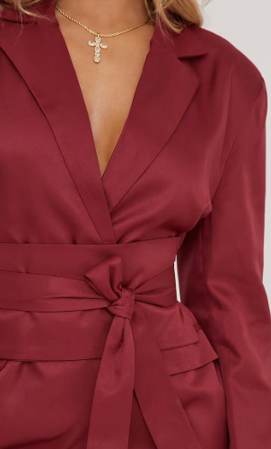 Ego - Oversized Belted Detail Blazer Dress In Burgundy Woven