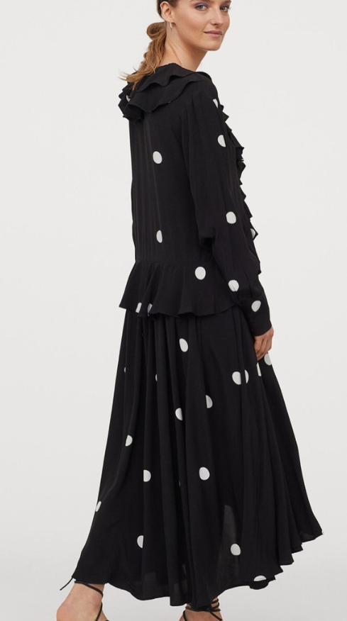 H&M - Black White Spot Bohemian Ruffle Trim Long Midi Dress