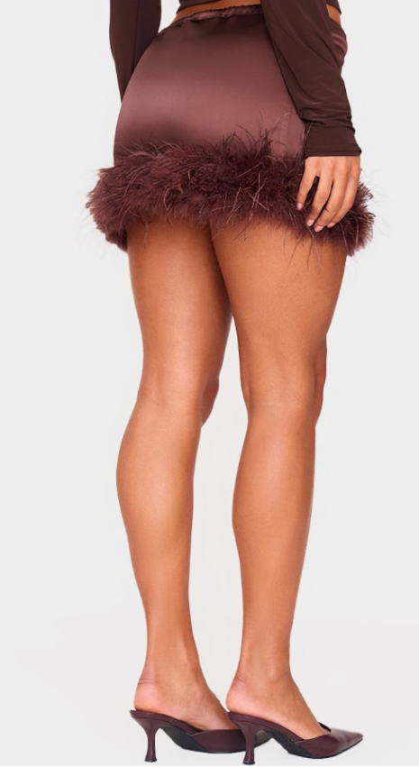 Chocolate Satin Drawstring Waist Detail Feather Hem Mini Skirt
