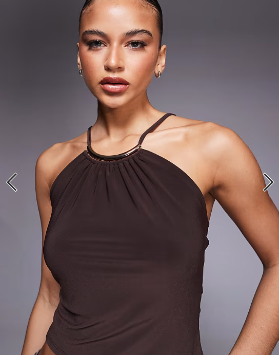 ASOS DESIGN slinky cami top with metal crescent in chocolate