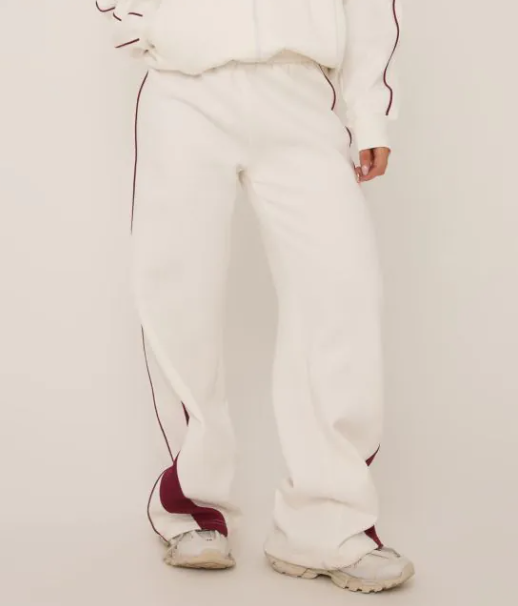 Burgundy Contrast Stripe Straight Leg Joggers In Cream