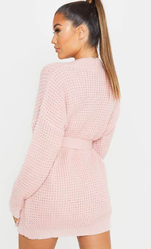 baby pink soft belted knitted jumper dress
