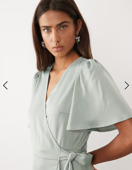 YAS satin wrap midi dress in sage green