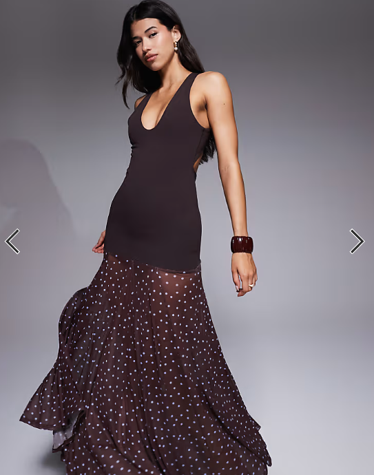 ASOS DESIGN crepe maxi dress with sheer skirt in polkadot in scuba-style fabric
