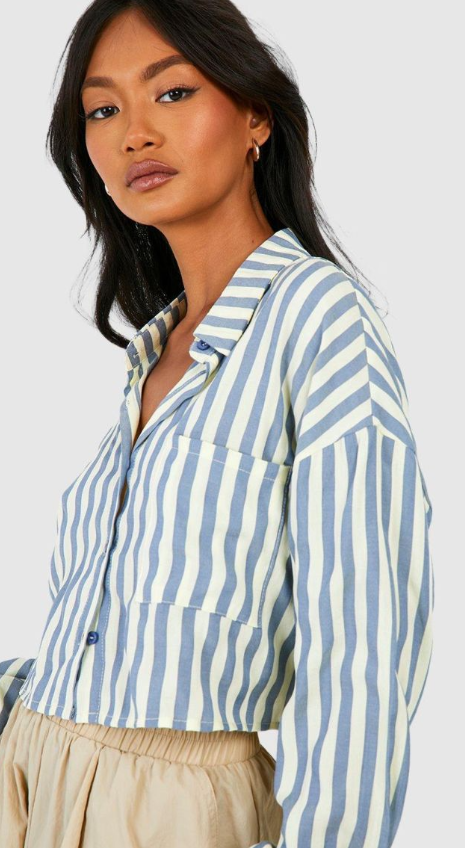 Boohoo Stripe Cropped Shirt - blue
