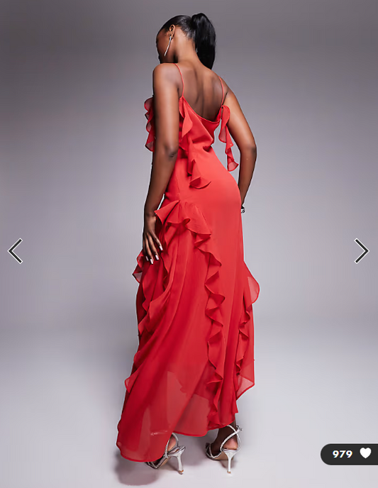 ASOS DESIGN textured chiffon maxi dress with trailing ruffles in red