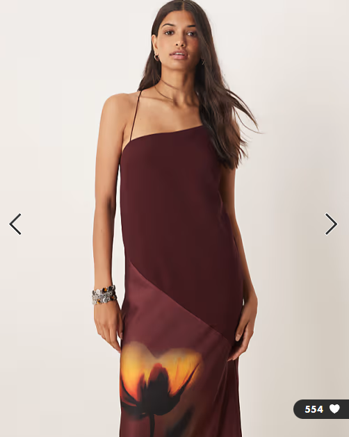 ASOS DESIGN draped satin chiffon cami maxi dress in placement burgundy floral print