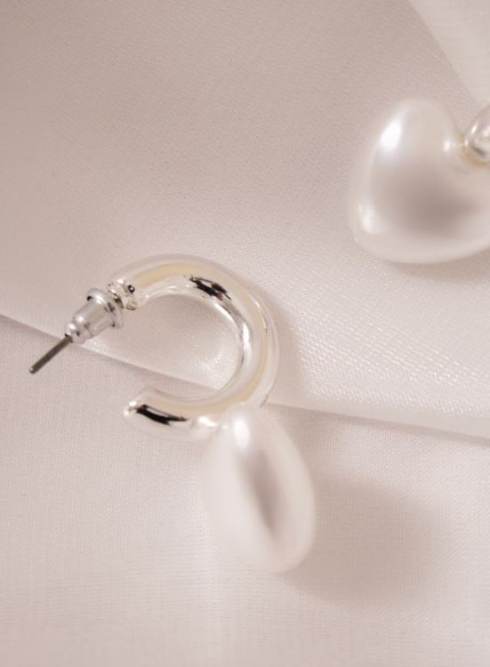 Silver Pearl Heart Detail Hoop Earrings