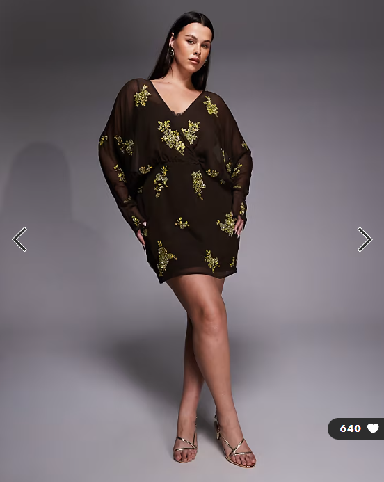 ASOS DESIGN Curve batwing embellished slouchy hip mini dress with lace cami in chocolate and lime