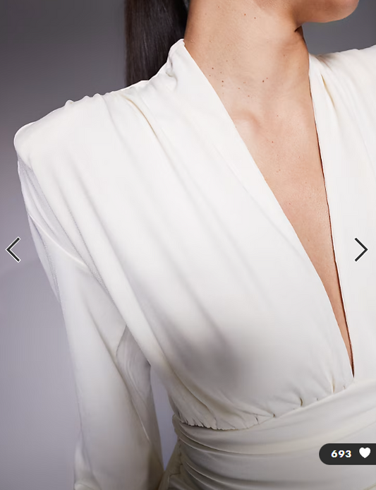 Ruched & Ready - Focus On Me - Removable shoulder pad detail sculpting plunge neck balloon sleeve mini dress - cream