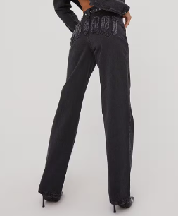 High Waist Distressed Slogan Print Detail Straight Leg Jeans In Black Denim