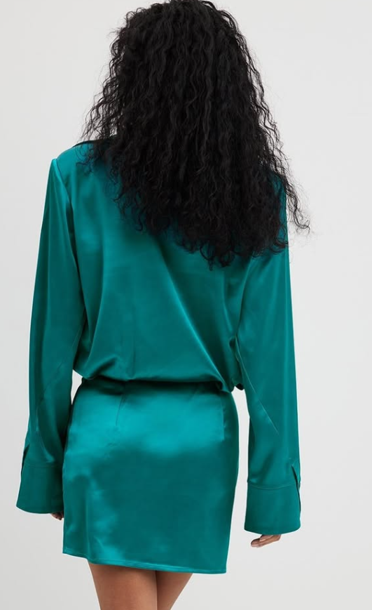 NAKD - Satin Longsleeve Shirt Dress- Green Blue