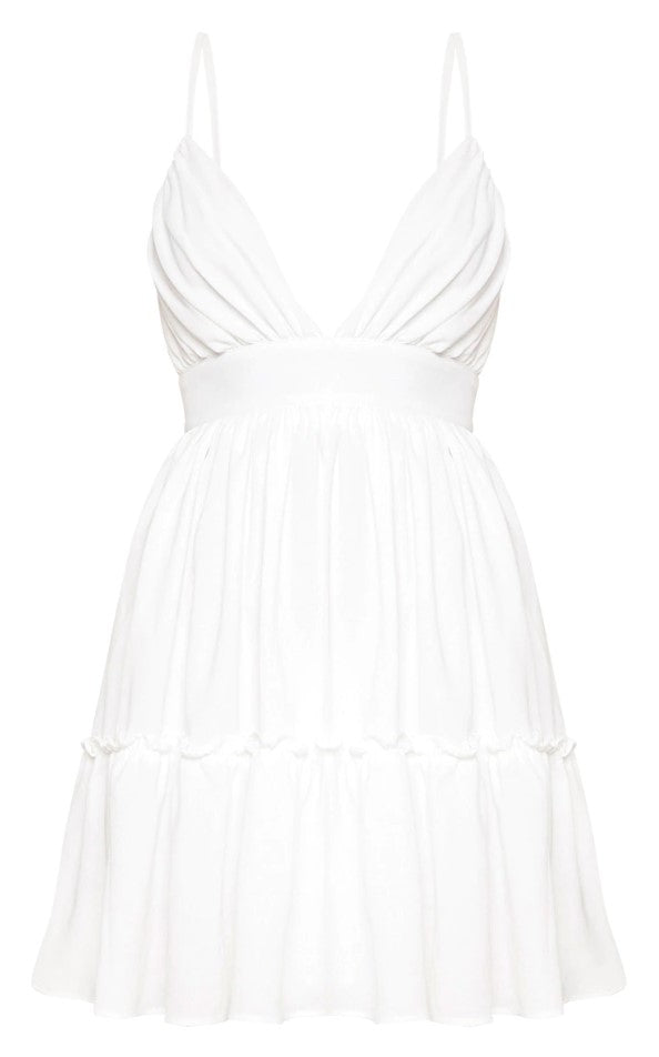 White Ruched Frill Detail Strappy Skater Dress