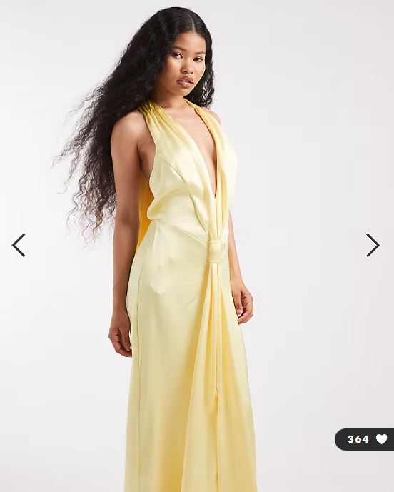 TFNC Petite Bridesmaid satin plunge halter neck tassel detail maxi dress in lemon - YELLOW