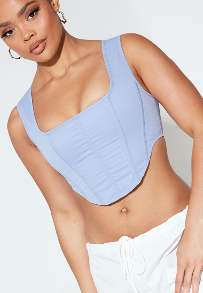 Dusty Blue Stretch Woven Boned Corset Crop Top