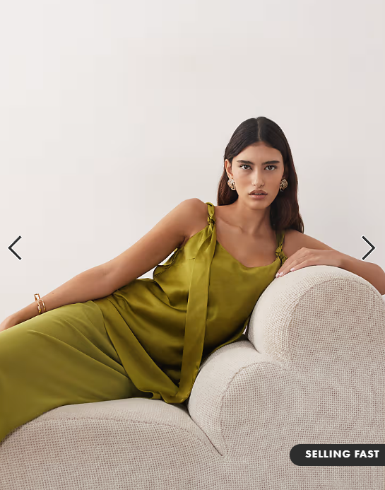 ARRANGE tie shoulder satin maxi dress in olive green