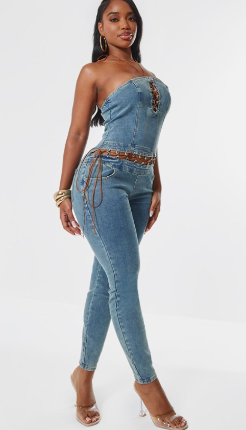 Shape Light Blue Wash Denim Bandeau Lace Up Detail Jumpsuit