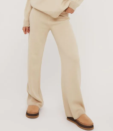 High Waist Contrast Swirl Detail Wide Leg Joggers In Stone Knit