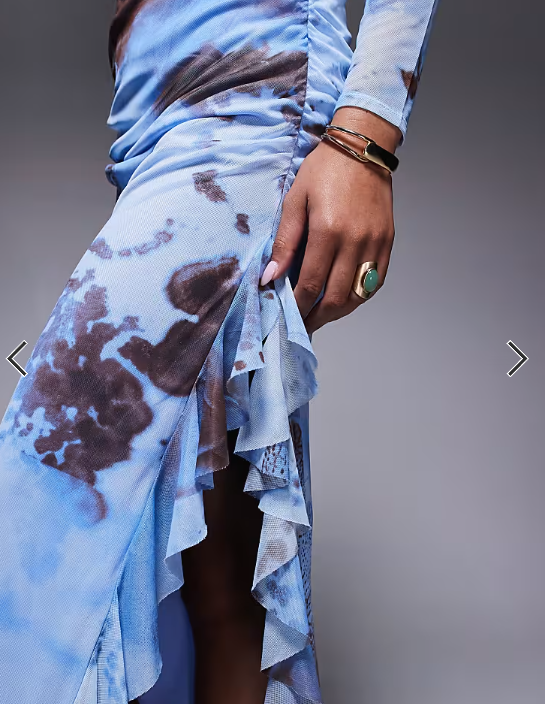 ASOS DESIGN mesh long sleeve frill detail a line maxi dress in blue floral print