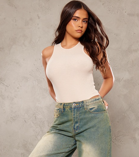 Stone Soft Ribbed Racer Bodysuit