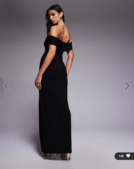 Vesper bengaline cross front off shoulder maxi dress in black