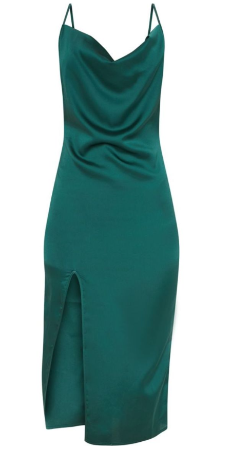 Emerald Green Strappy Satin Cowl Midi Dress