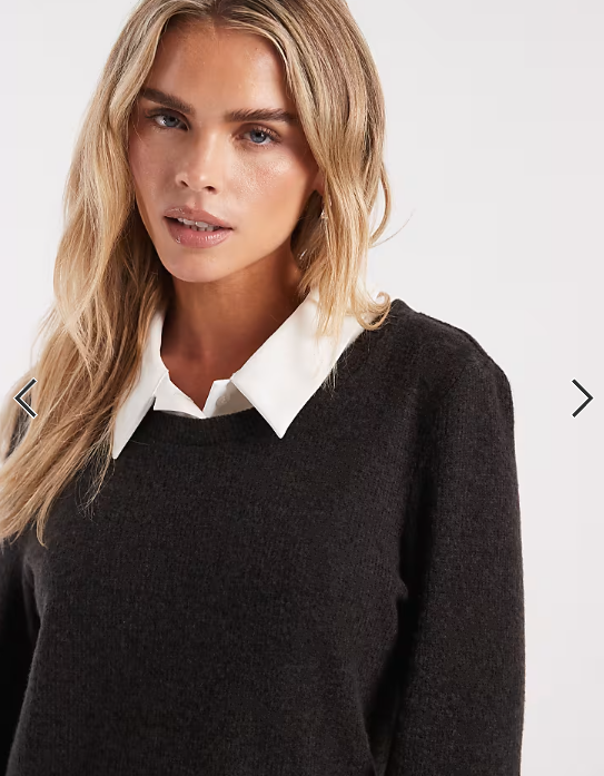 Vero Moda Petite 2 in 1 long sleeve knitted mini dress with poplin collar in black