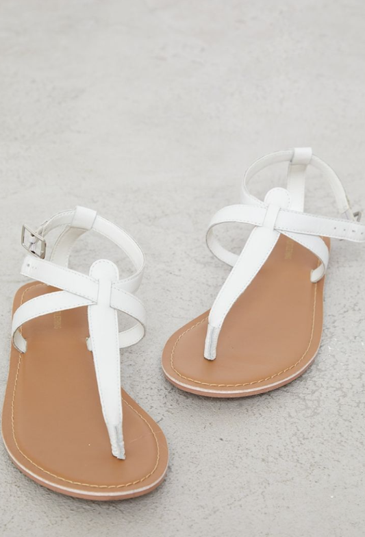 White Real Leather Basic Toe Thong Strap Flat Sandals