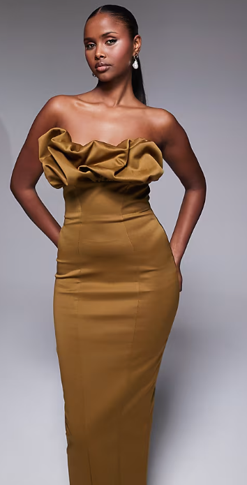 ASOS DESIGN bandeau structured midi dress with ruffle bodice detail in olive