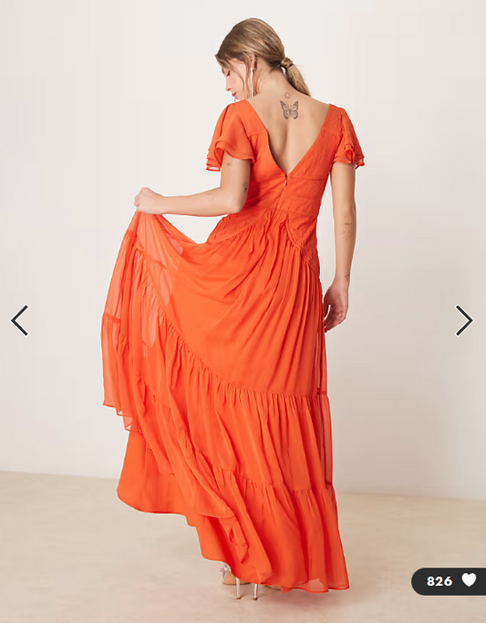 ASOS DESIGN flutter sleeve ruched maxi dress with hi low hem in spicy red
