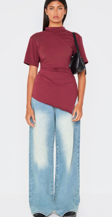 Burgundy Cotton Ruched Side Asymmetric Hem T-shirt