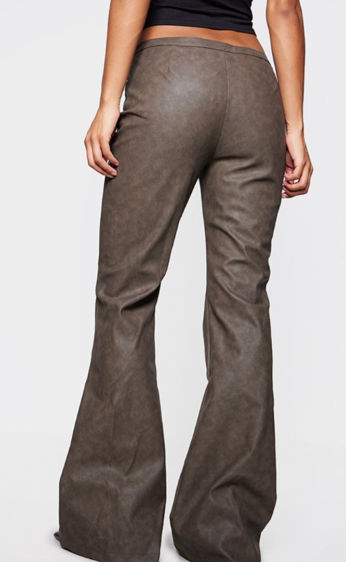 Brown Faux Leather Lace Up Detail Low Rise Flared Leg Trousers