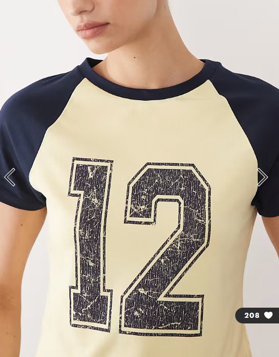 ASOS DESIGN raglan sleeve baby tee with distressed 12 graphic in buttermilk and navy