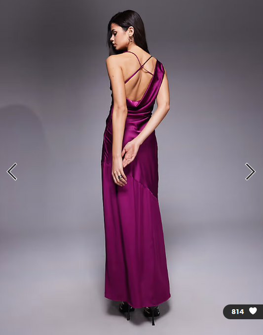 TFNC satin draped neck cross back maxi dress in plum