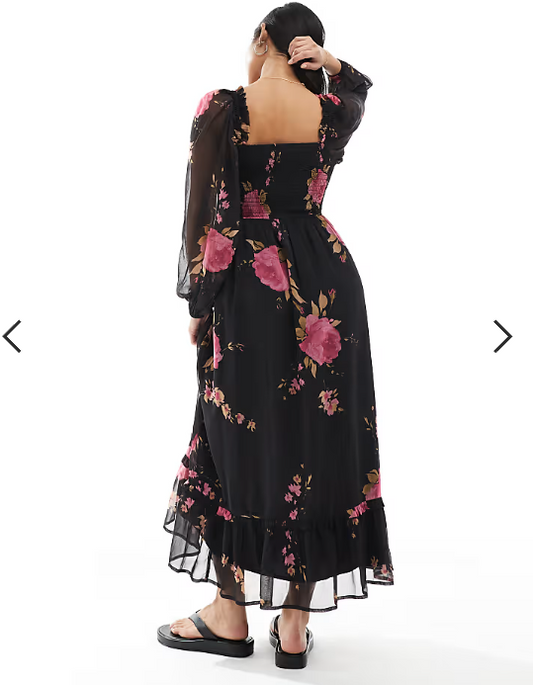 Miss Selfridge Petite long sleeve corset detail maxi dress in rose print