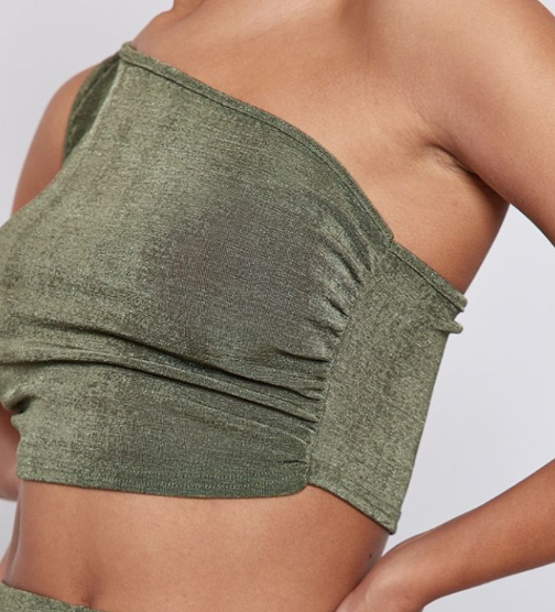 Khaki Acetate Slinky One Shoulder Ruched Top
