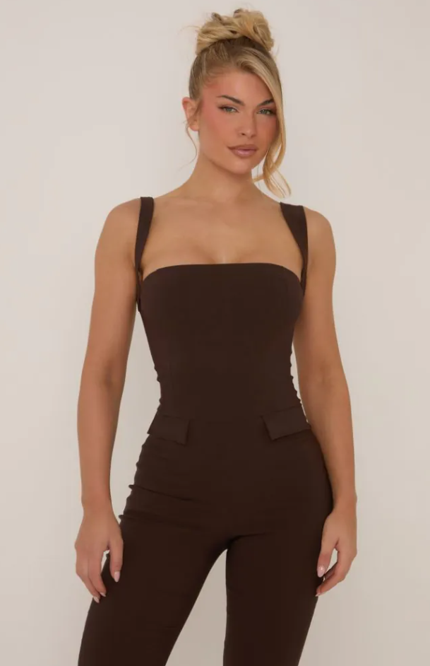 Square Neck Tailored Flared Jumpsuit In Chocolate Brown Woven