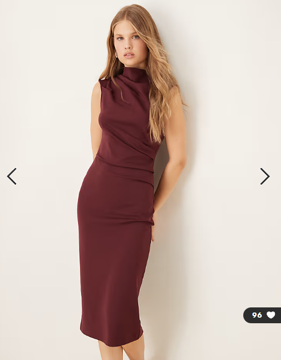 Mango ruched detail high neck sleeveless midi dress in dark red