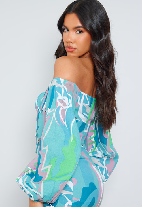 Blue Abstract Printed Linen Look Puff Sleeve Corset Top