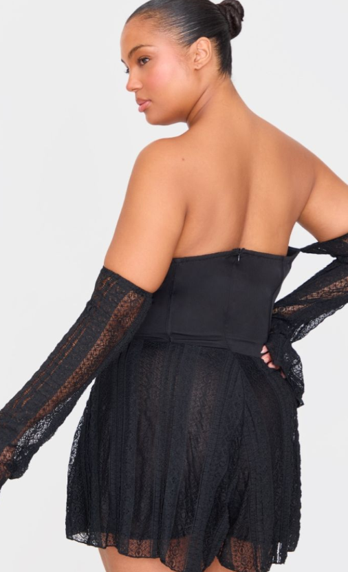 Plt - Plus Black Textured Lace Corset Detail Long Sleeve Playsuit