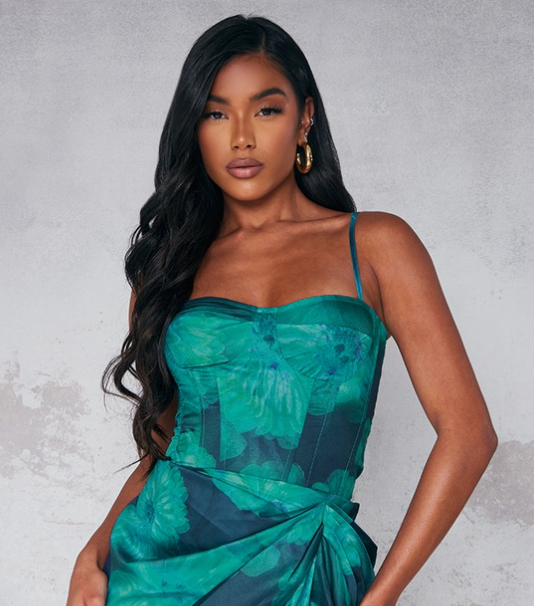 Teal Floral Print Structured Corset Top