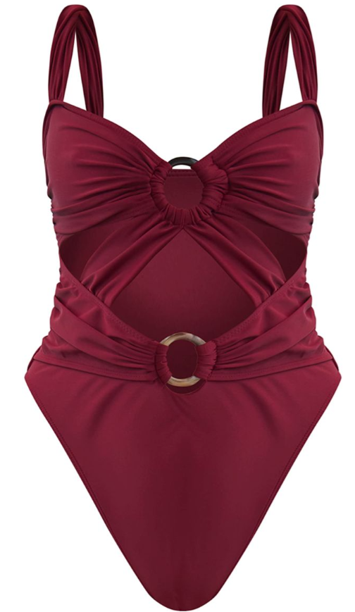 Burgundy O Ring Ruched Cut Out Swimsuit