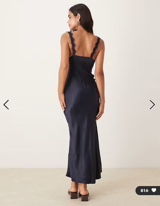 ASOS DESIGN lace trim satin slip maxi dress in navy