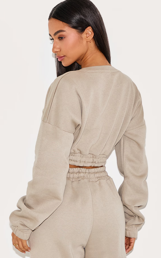 Petite Moss Grey Crop Elasticated Sweat Top