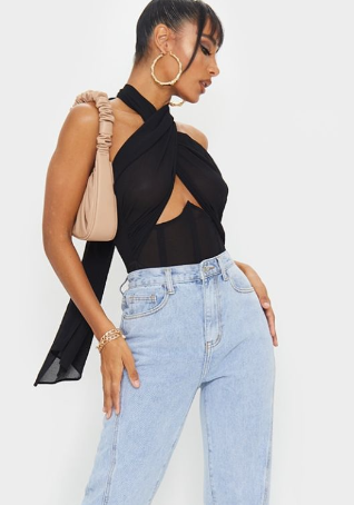 Black Chiffon Halterneck Underbust Corset Detail Bodysuit