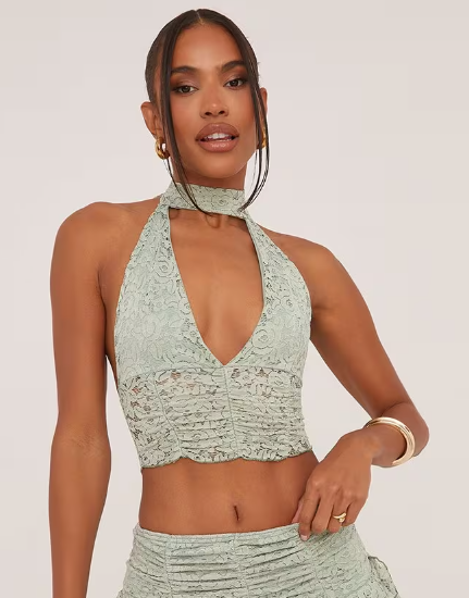 Plunge Choker Ruched Detail Crop Top In Sage Green Lace