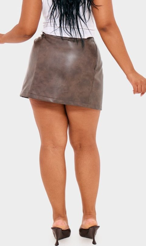 Plus Brown Faux Washed Leather Mini Skirt